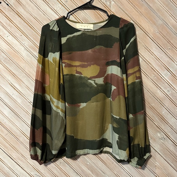 PAN Tops - Pan Earthy Camo Water Colour Print Long Sleeve Blouse Olive Multi Flowing